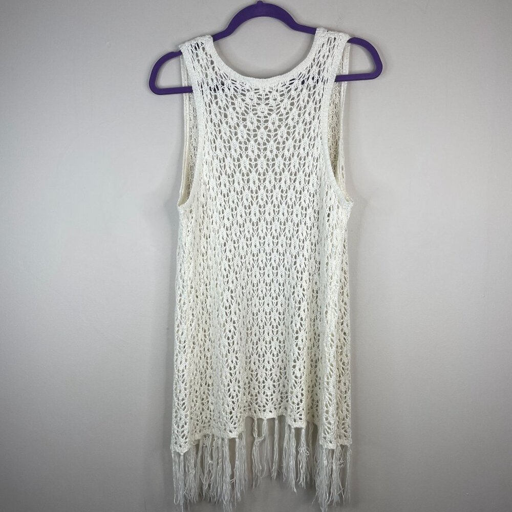 Pink Rose Crochet Sweater Vest Womens Medium Festival Hippie Longline Fringe - Picture 2 of 12